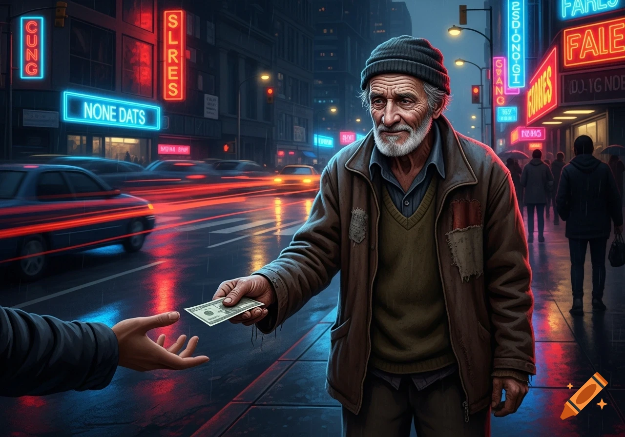 Elderly homeless man in a city at night, handing money to an outstretched hand. Neon signs and blurred cars in background.