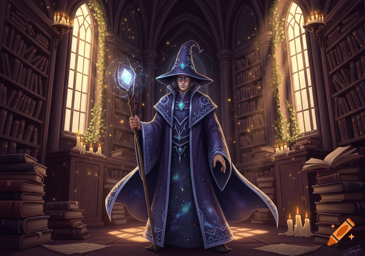 A male wizard in a purple, starry robe and hat holds a glowing crystal ...