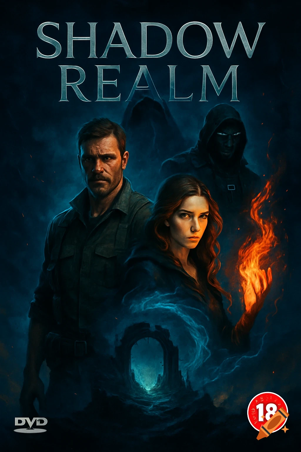 Dark fantasy movie poster for 'SHADOW REALM' featuring a man, a woman with fire, and a hooded figure before a glowing portal.