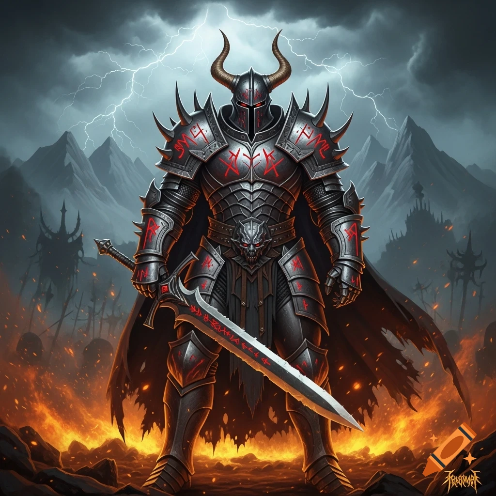 A heavily armored dark knight with horns and a glowing red visor stands ...