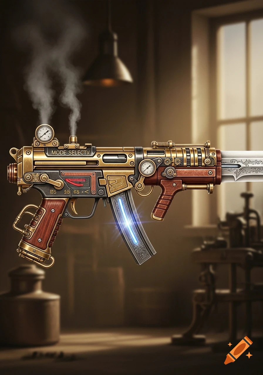 A detailed steampunk gunblade with brass gears, wooden accents, glowing blue magazine, and steam emitting from the top, against a blurred workshop background.