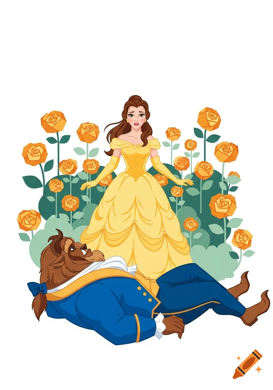 Cartoon illustration of Belle in a yellow gown standing among roses as the Beast in a blue suit lies on the ground.