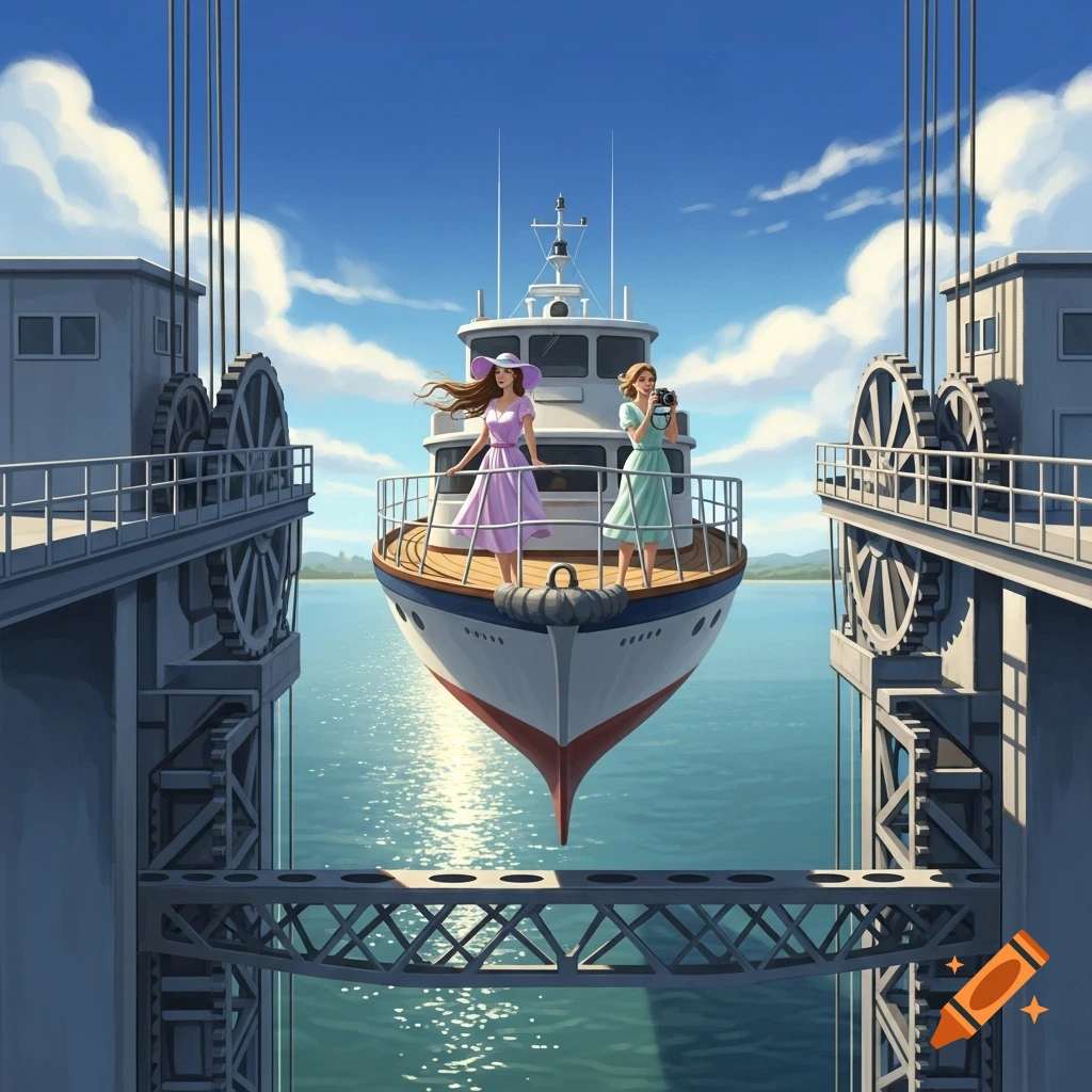 Illustration of two women on a ship being elevated by a ship lift over blue water under a bright sky.