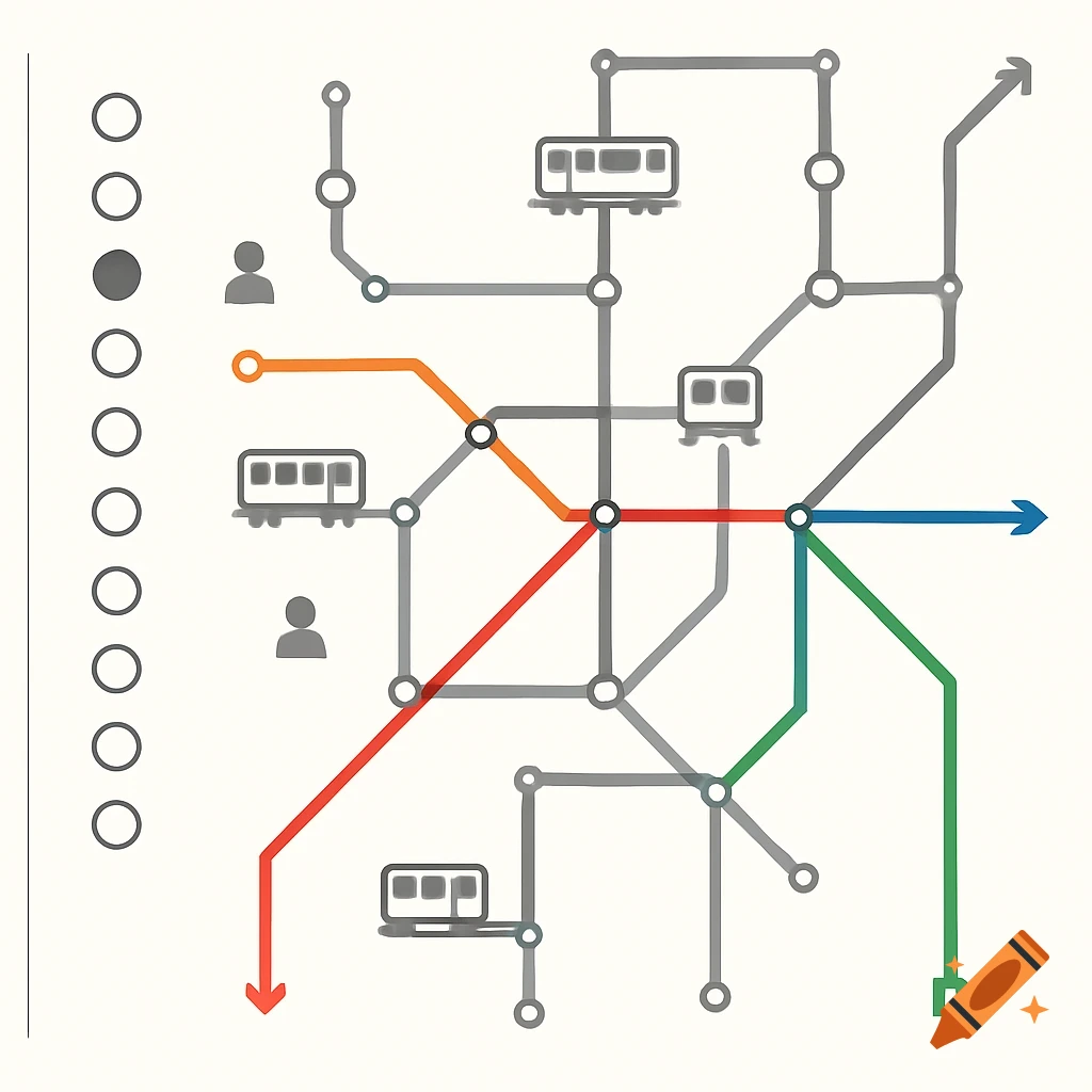 A schematic map resembling a subway system with grey and colored lines, trains, people icons, and a resource list on the left.