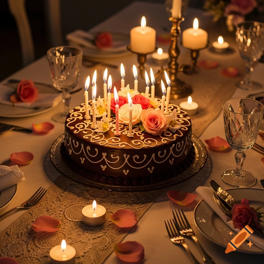 Photorealistic chocolate birthday cake with lit candles and rose decorations on a table set with wine glasses and rose petals, illuminated by candlelight.