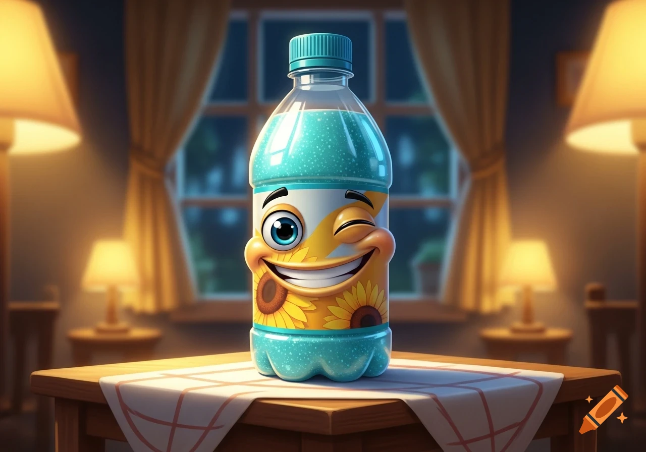 A cartoonish plastic bottle with a winking, smiling face and sunflower designs, filled with light blue liquid, stands on a table.