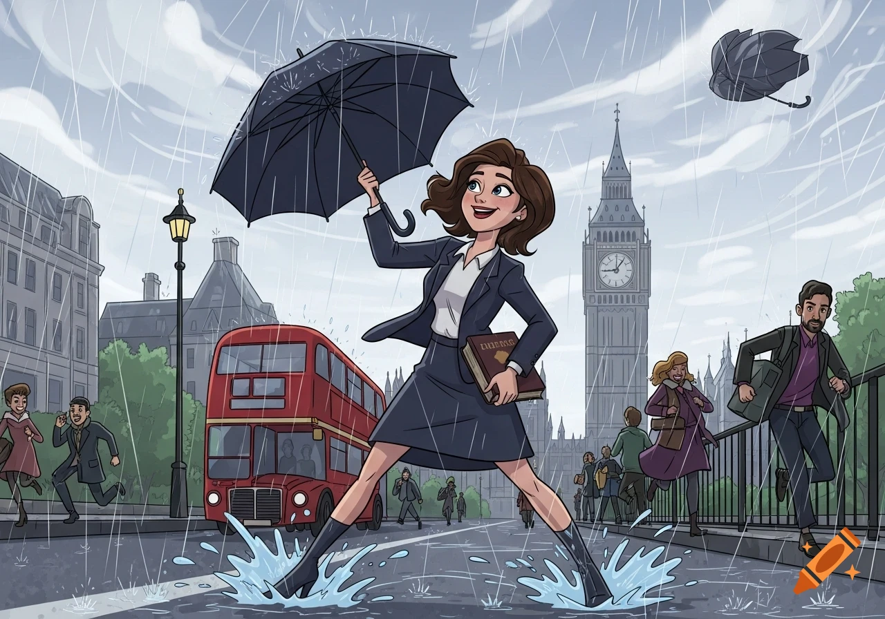 Cartoon of a woman joyfully splashing in puddles in rainy London, holding an umbrella and a book, with a red bus and Big Ben.