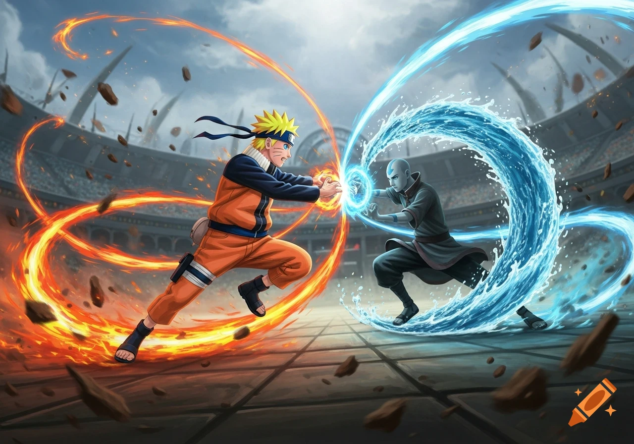 Naruto and Aang face off in an arena, wielding fire and water elemental powers in an anime style.