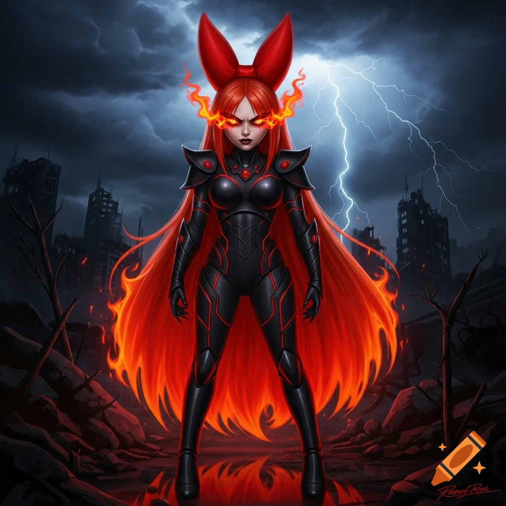 Villainous Blossom from Powerpuff Girls in black armor with fiery red hair and eyes, standing in a stormy, destroyed city with lightning.