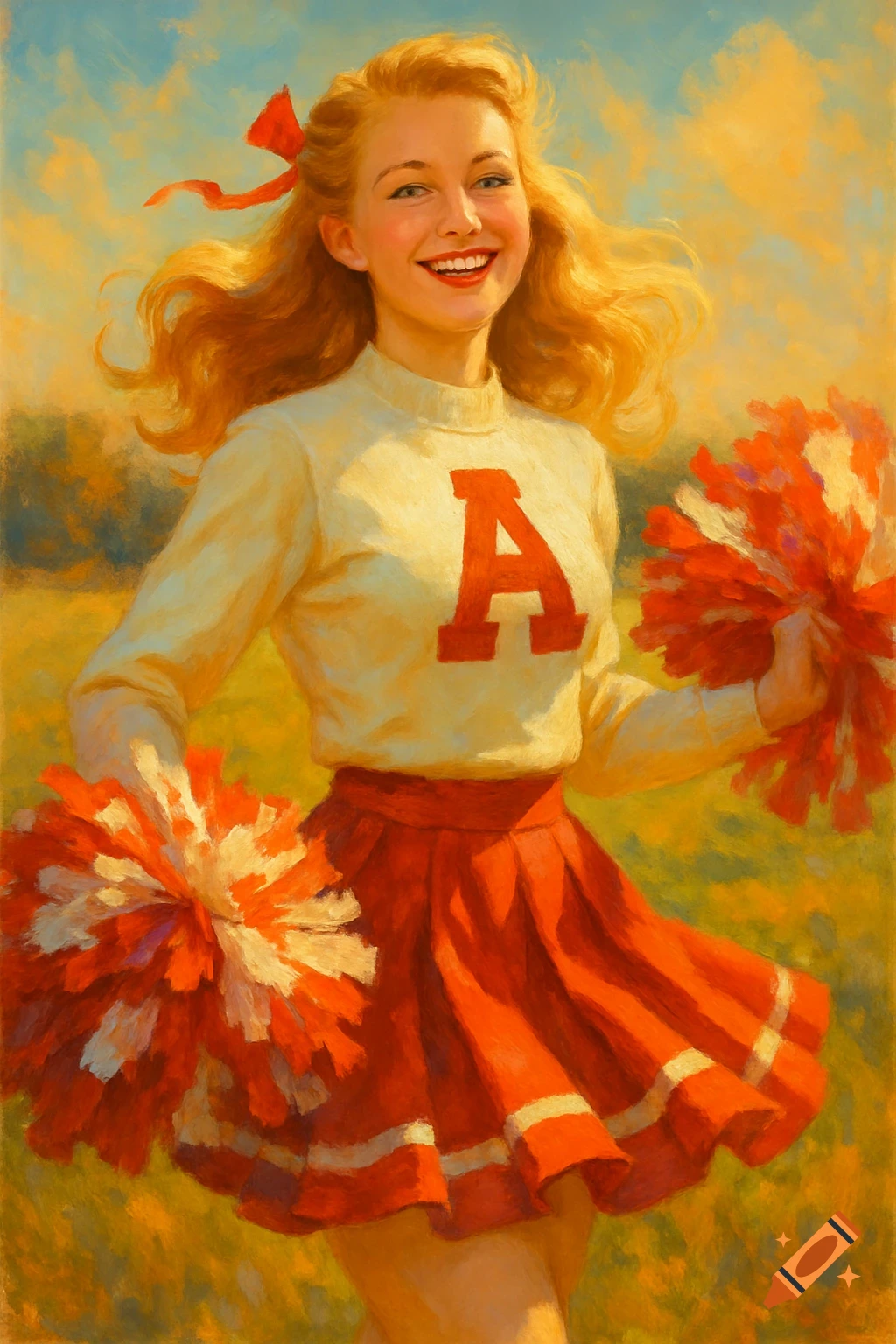 A smiling blonde woman in a vintage cheerleader uniform with a red 'A' on her sweater holds red and white pompoms in a painterly style.