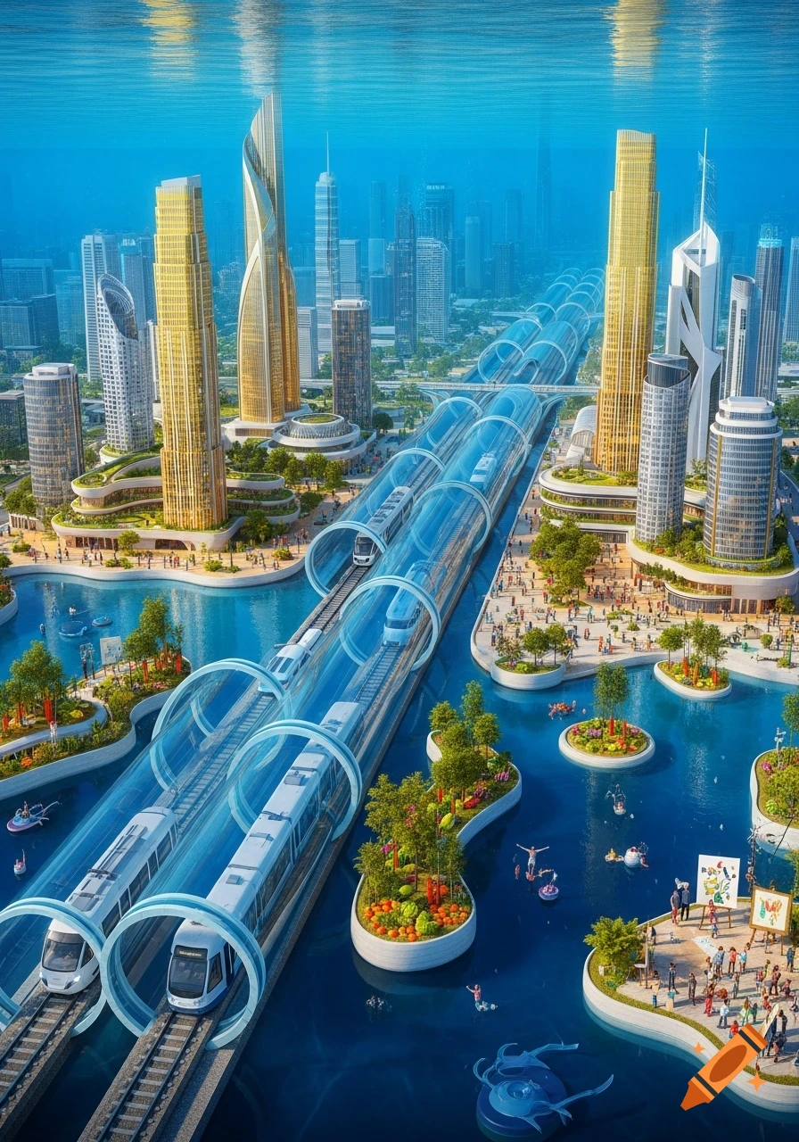 An aerial view of a vibrant futuristic city with gold and silver skyscrapers partially submerged, transparent train tunnels, and floating green islands.