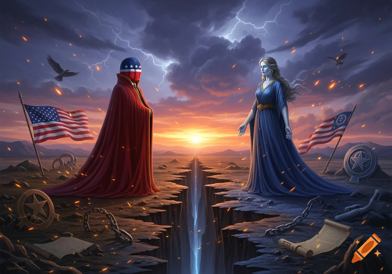 Two allegorical figures, one in red with a US flag face and one in blue, face each other across a glowing chasm. American flags, stormy sky, and sunset.