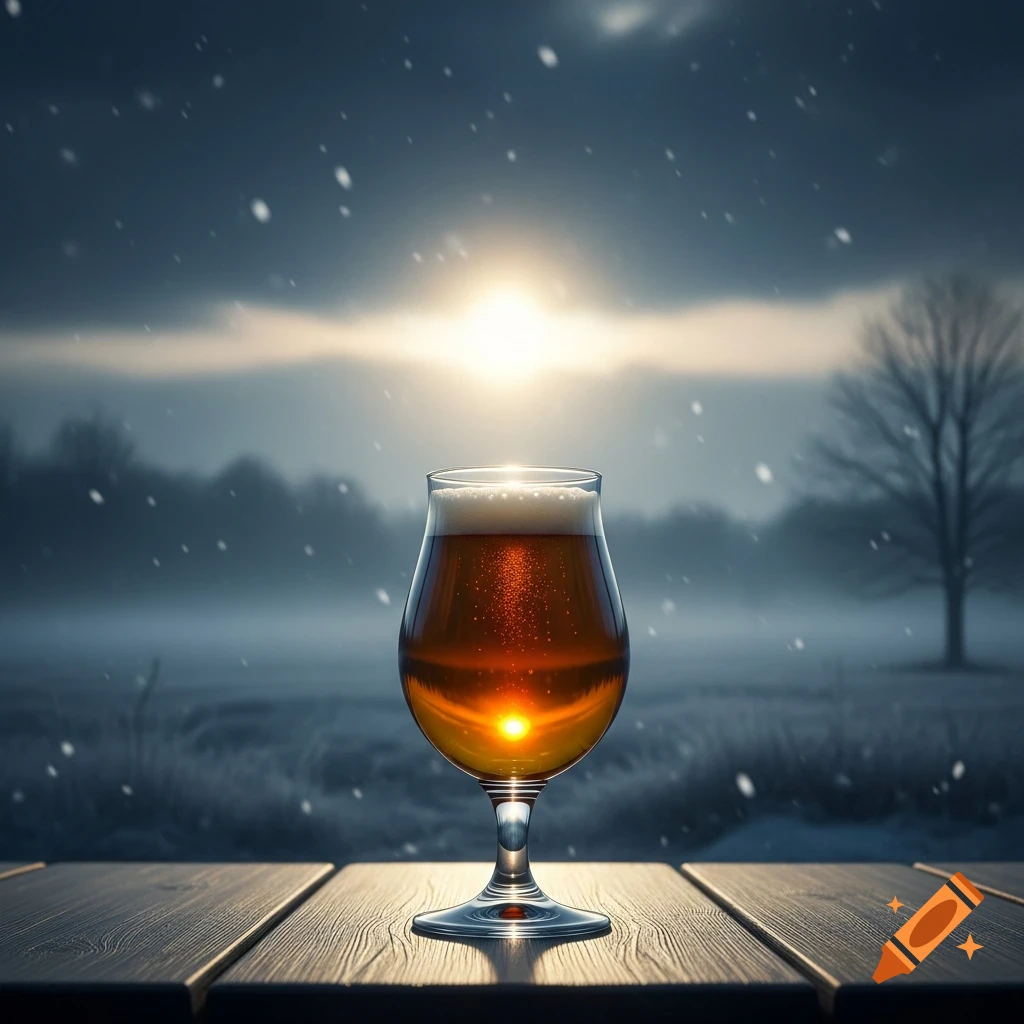 Photorealistic glass of beer on a wooden table, reflecting a sunbeam in a snowy winter landscape.