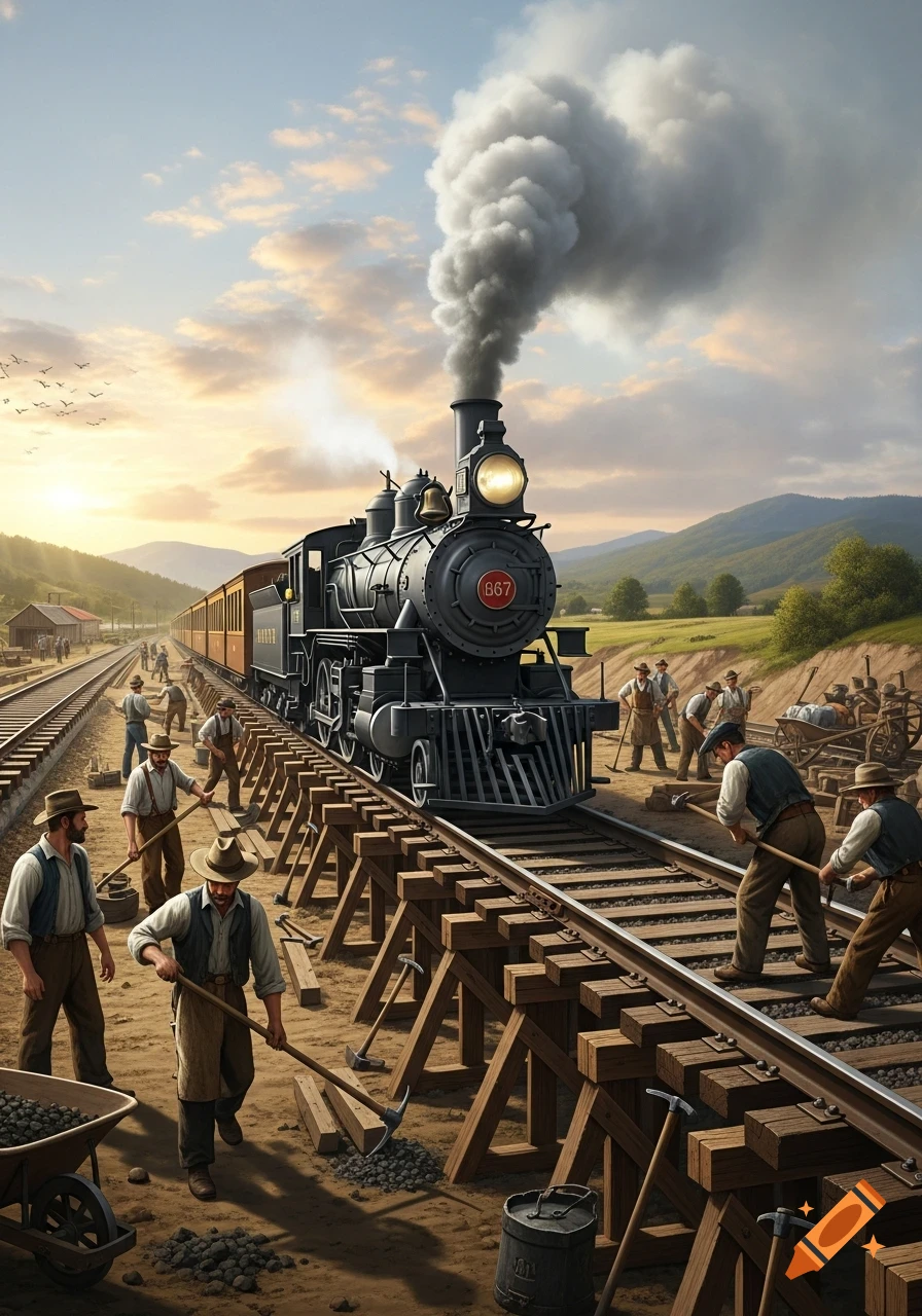 Men in historical attire construct a railway track next to a steaming black locomotive at sunset in a valley.