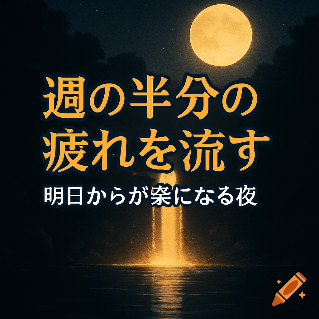 A full moon shines brightly in a dark night sky over a body of water, from which a glowing waterfall erupts upwards. Japanese text is overlaid on the scene.