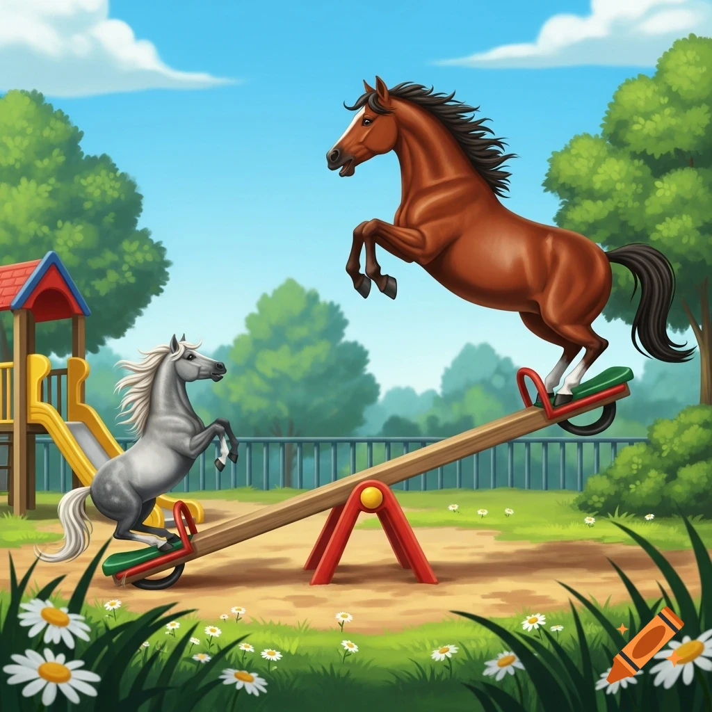 A brown horse and a grey horse play on a seesaw in a sunny playground with a slide and daisies, illustration.