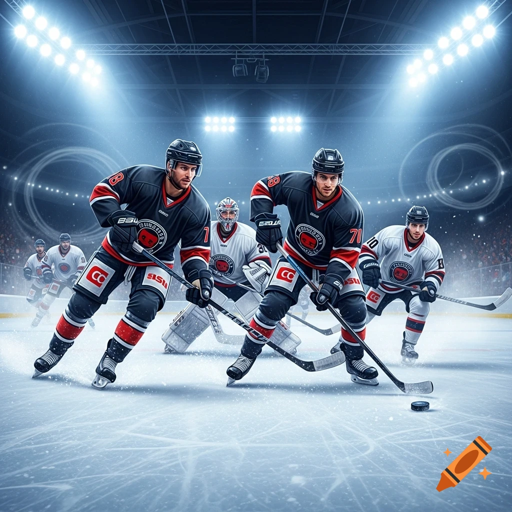 Two hockey players in black and red jerseys with a goalie and other players behind them on an ice rink under stadium lights.