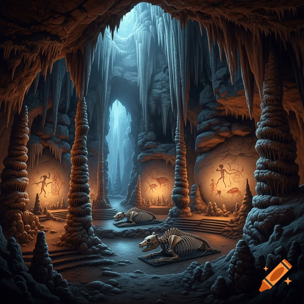 A vast, dimly lit cave with towering stalactites and stalagmites, glowing prehistoric cave paintings on walls, and two bear skeletons on the ground.