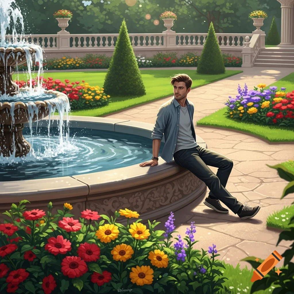 A man sits casually on the edge of a large stone fountain in a sunny, ornate garden filled with colorful flowers and manicured trees.