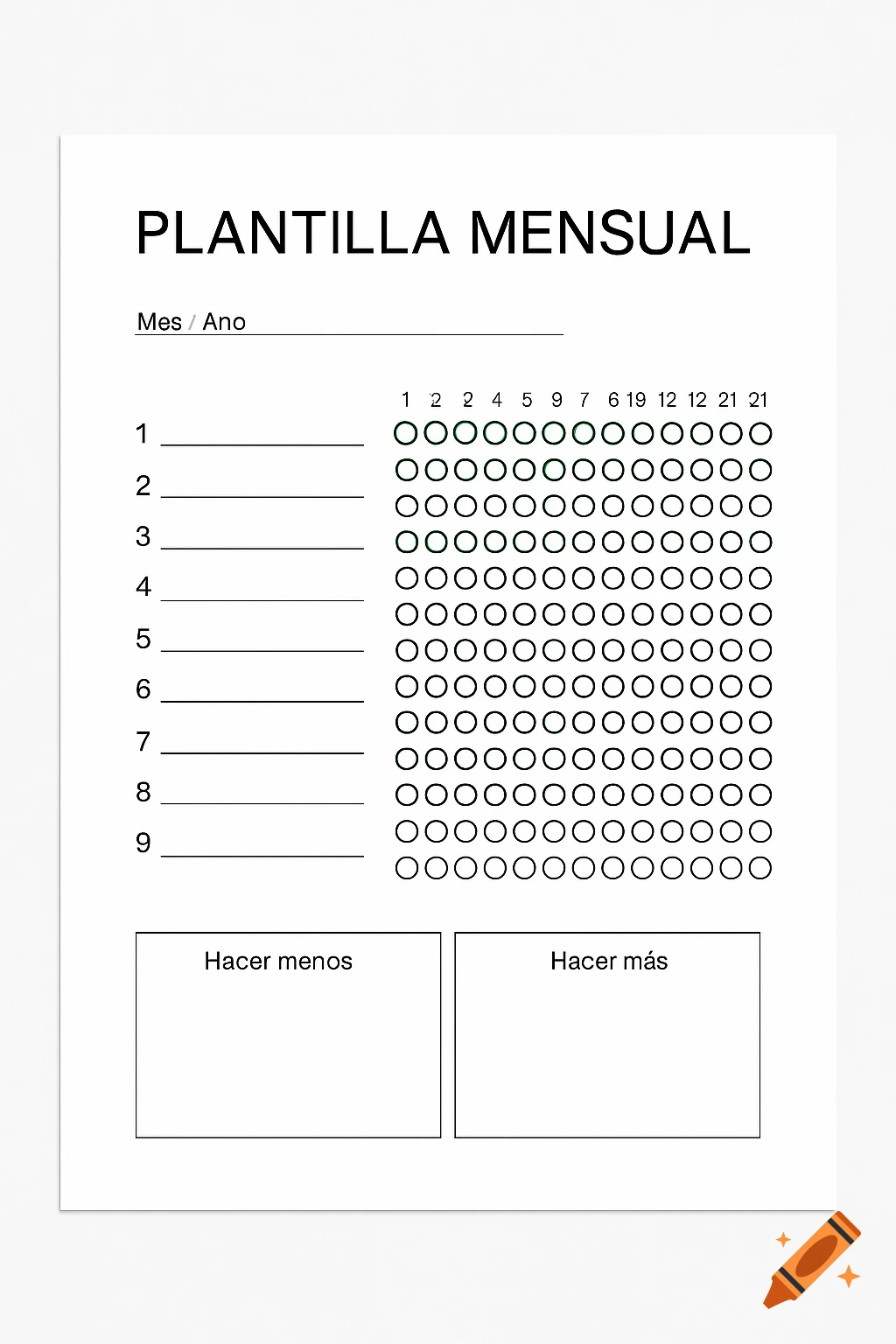 Minimalist black and white monthly habit tracker template with title, month/year, 9 habit lines, a circular tracker, and 'Hacer menos'/'Hacer más' sections.
