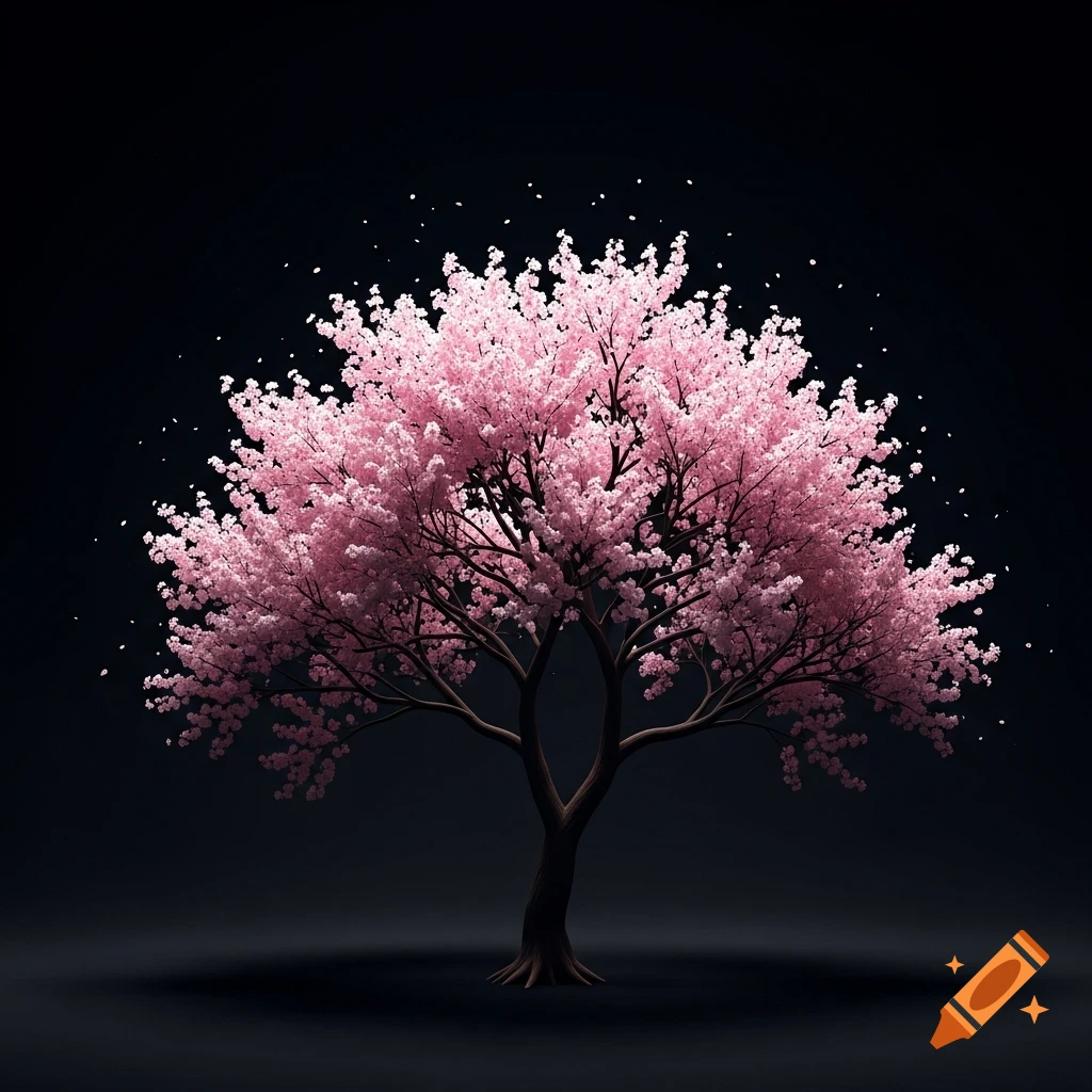A vibrant pink cherry blossom tree with delicate petals falling, centered on a dark black background.