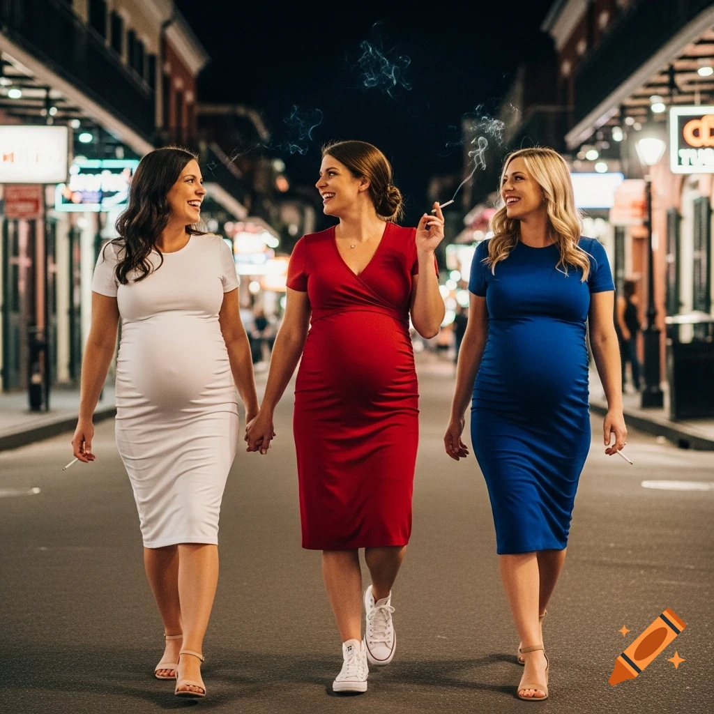 Three pregnant women walk down a city street at night, two smoking cigarettes. They wear a white, red, and blue dress respectively.