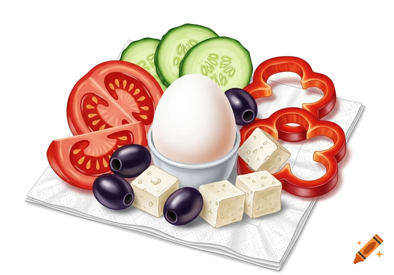 Stylized illustration of a boiled egg, tomato, cucumber, black olives, red bell pepper, and feta cheese cubes on a napkin.