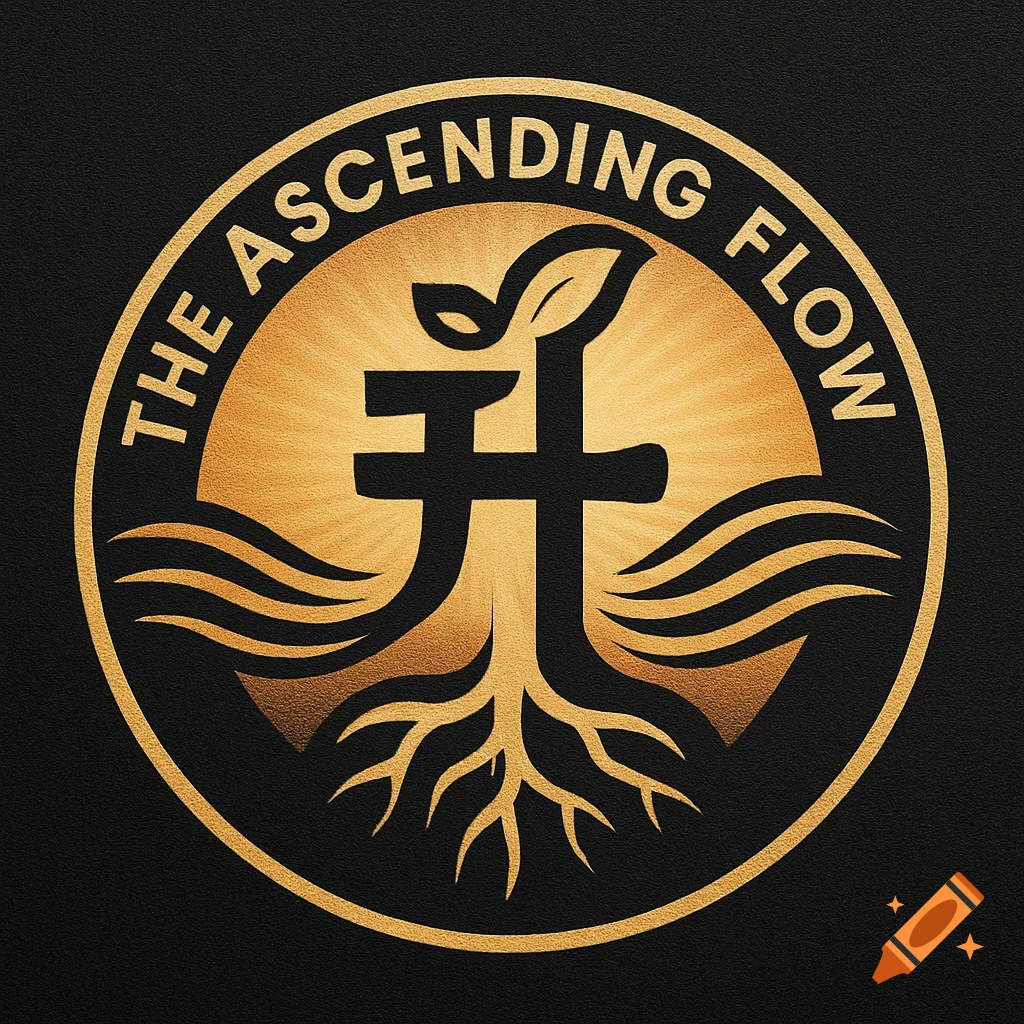 Gold and black circular logo with 'THE ASCENDING FLOW' text, a stylized Chinese character '升' with roots, a leaf, and waves.