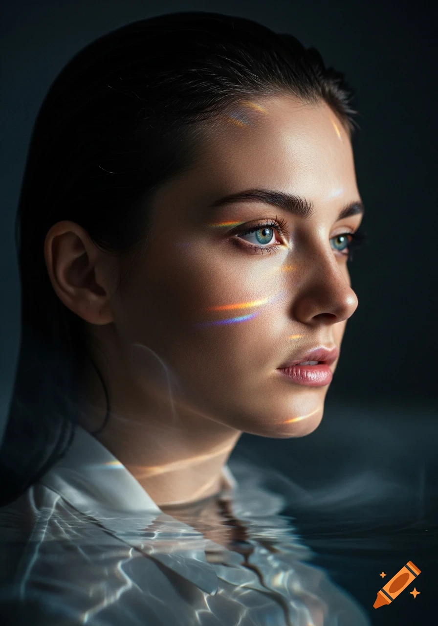 Close-up photorealistic portrait of a woman with blue eyes, partially submerged in water, with colorful prism light dancing across her face.