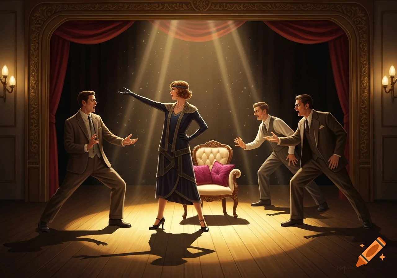 A woman and three men in 1920s attire performing on a theatre stage bathed in spotlights, with a chair.