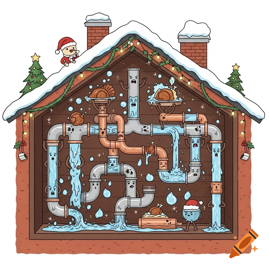 A cutaway cartoon diagram of a Christmas-decorated house, showing anthropomorphic plumbing pipes straining as water and turkeys flow through them.