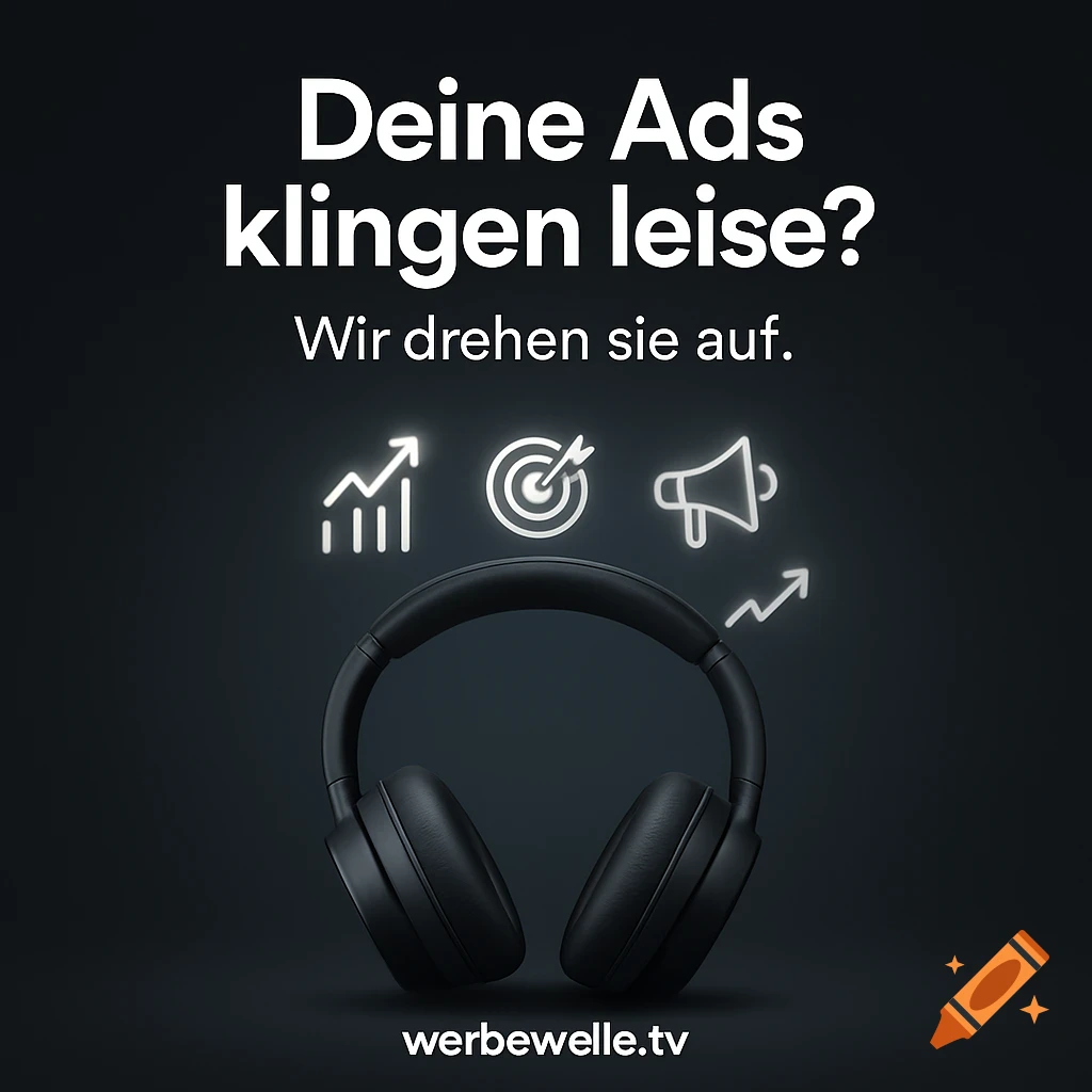 Black over-ear headphones on a dark background with glowing white marketing icons and German text: 'Deine Ads klingen leise? Wir drehen sie auf.' and 'werbewelle.tv'.