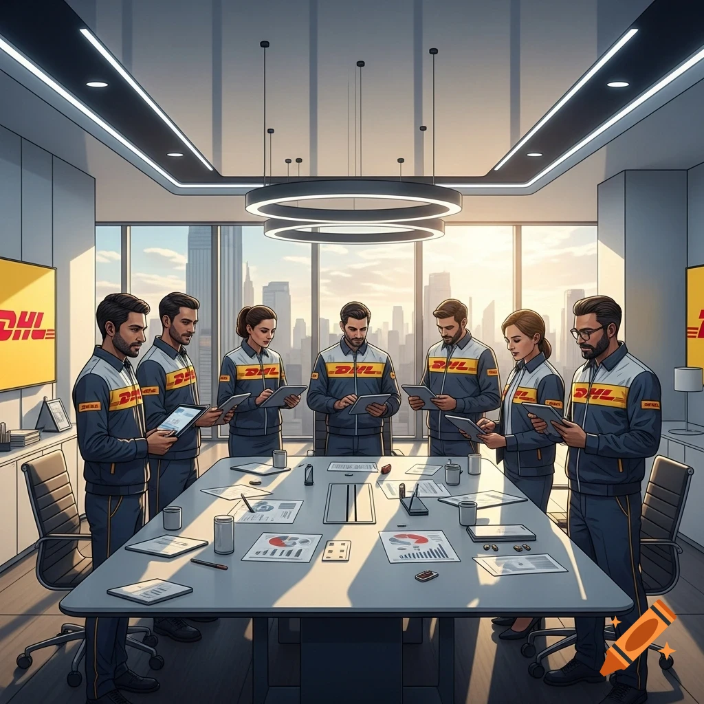 Six DHL auditors in uniform stand around a conference table in a modern meeting room, looking at tablets with a cityscape view.