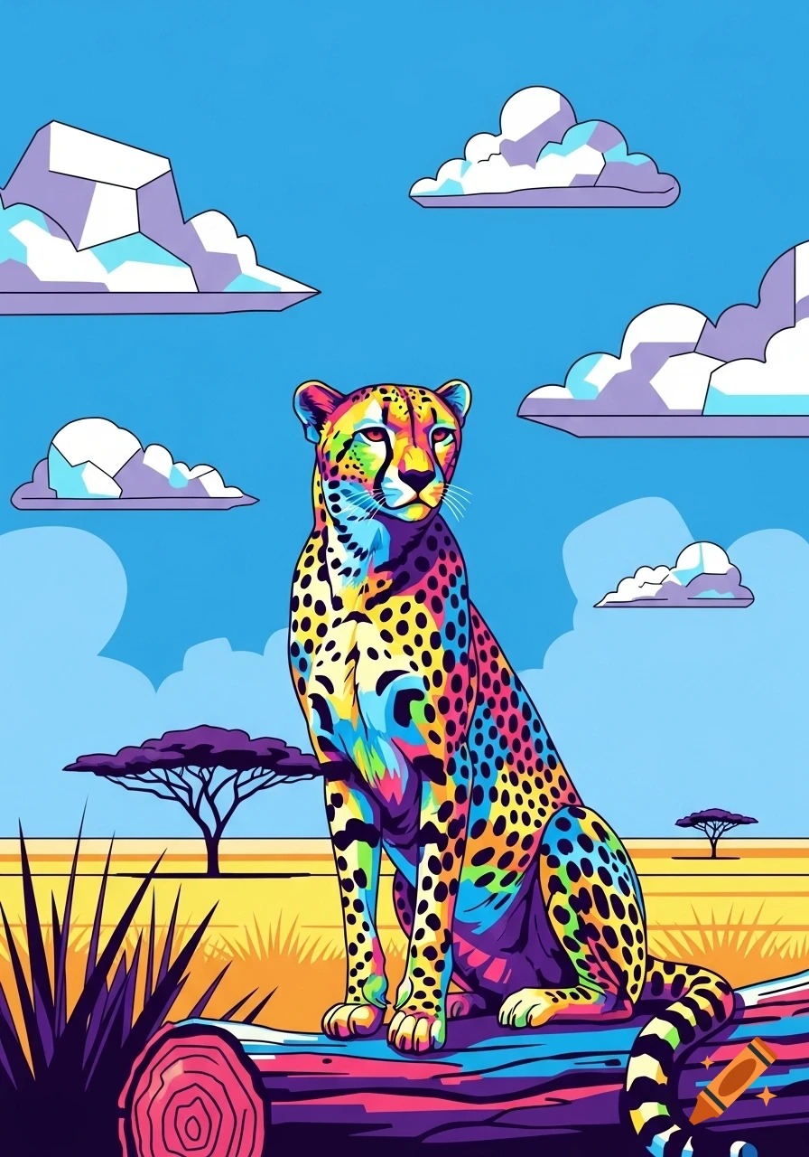 A colorful pop art cheetah sits on a log in a vibrant savanna landscape under a blue sky with stylized clouds.