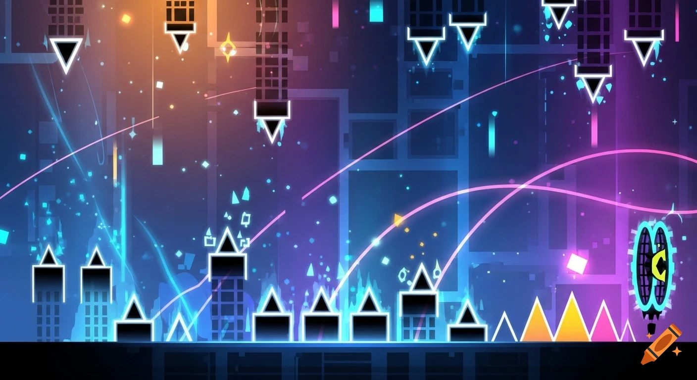 Vibrant neon abstract geometric scene, like a Geometry Dash level, with glowing triangles, squares, and lines on a blue and orange background.