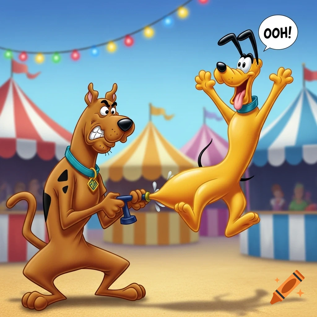 Angry Scooby-Doo pumps air into an inflated Pluto at a carnival, Pluto exclaims 'OOH!' in a cartoon style.