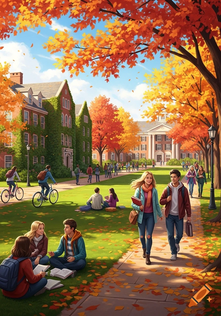 An idyllic autumn college campus scene with students walking, biking, and sitting on the grass among colorful fall trees and historic buildings, in an illustrative style.