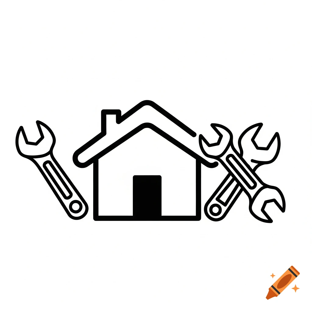 A black and white line art icon showing a house flanked by wrenches, symbolizing home repair.