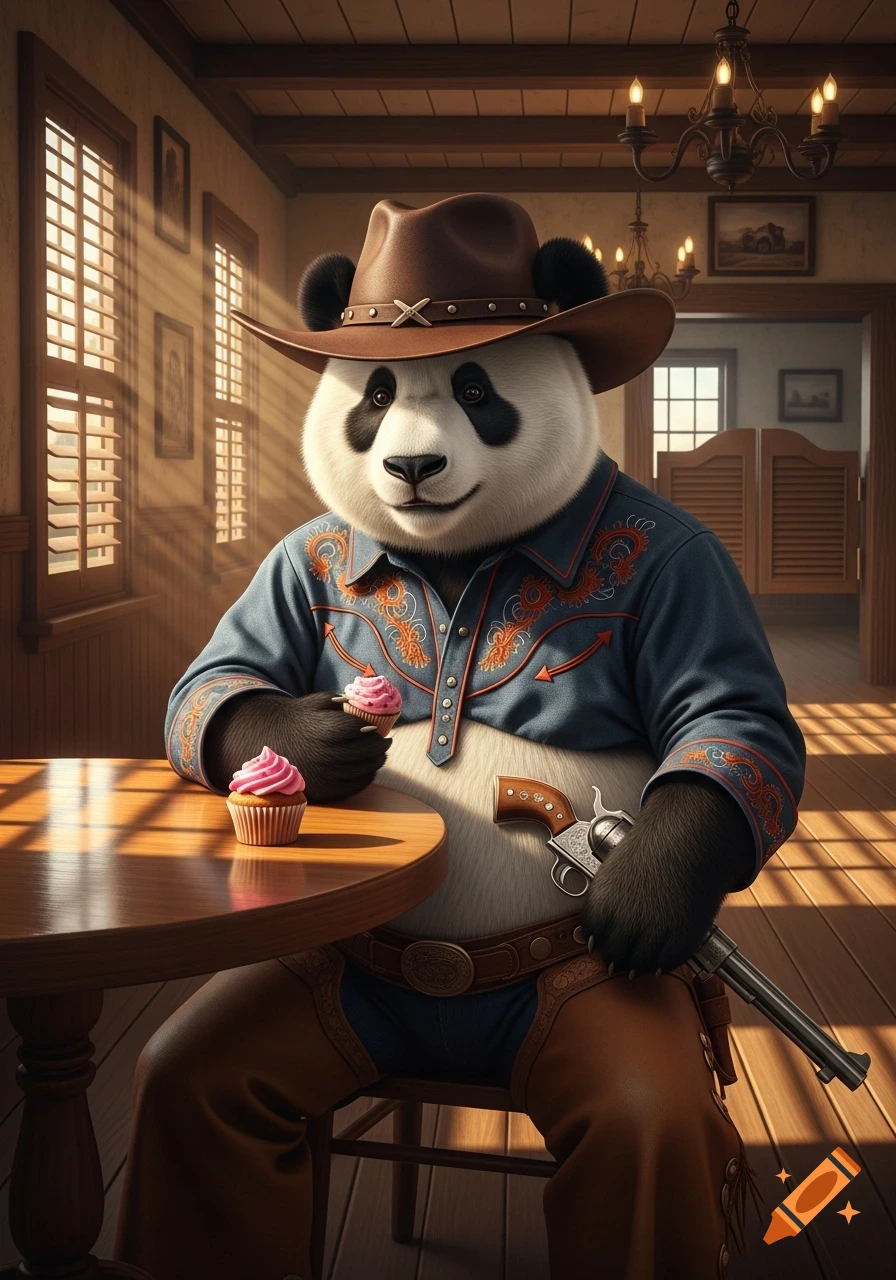 A photorealistic panda dressed as a cowboy, wearing a hat and chaps with a gun, sits at a saloon table eating pink cupcakes.