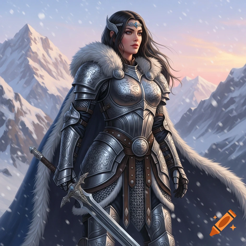 A majestic warrior woman in ornate silver armor and a fur-lined cloak ...