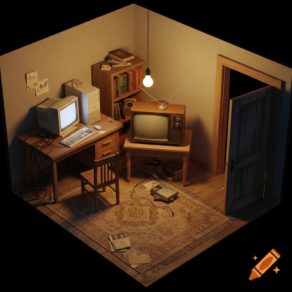 Isometric view of a dimly lit room with an old computer on a desk, a vintage TV, a bookshelf, and an open door.