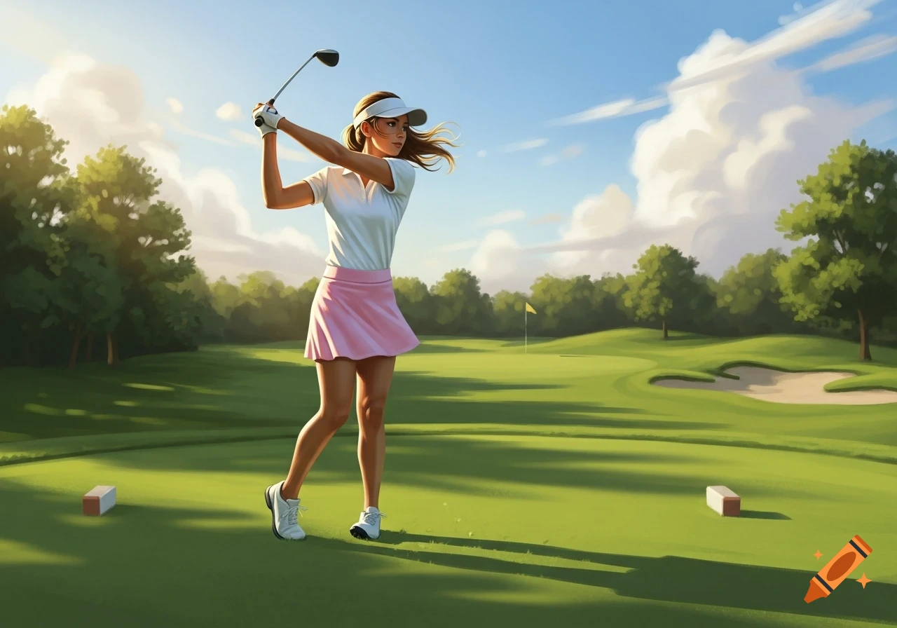 A woman in a white polo and pink skirt swings a golf club on a sunny green golf course, painted illustration.