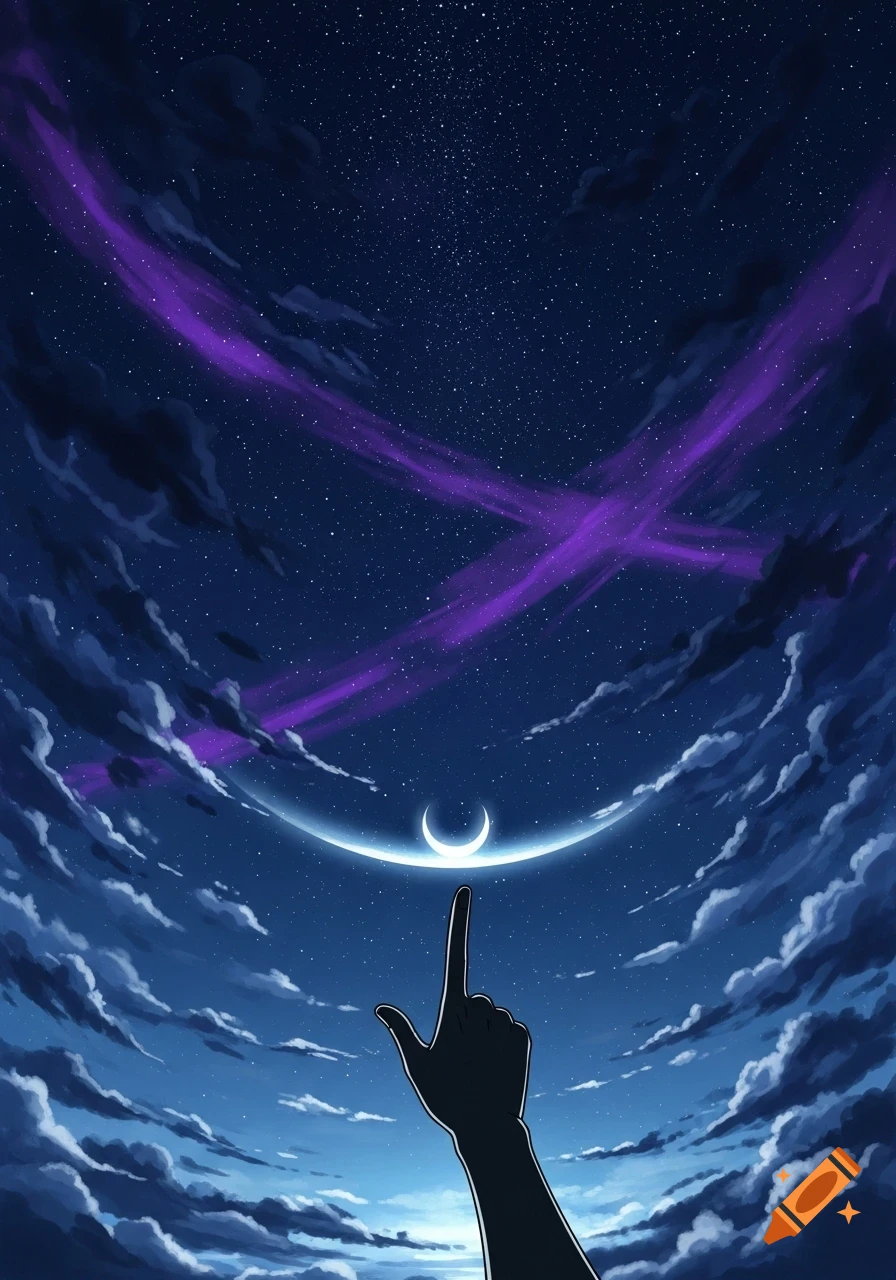 Silhouetted hand points up at a crescent moon in a dark, starry night sky with purple clouds, anime style.