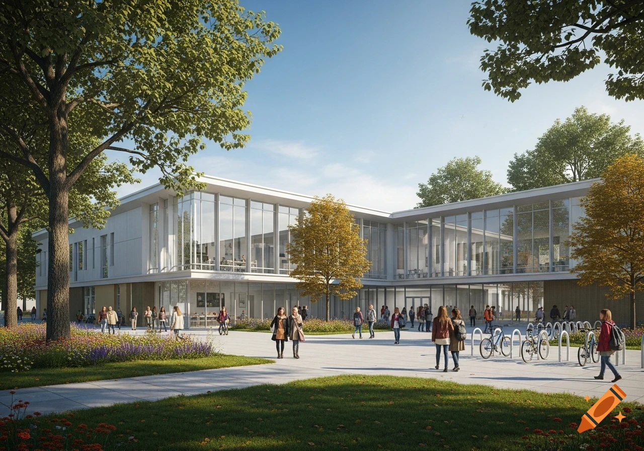 Photorealistic rendering of a modern school building with glass facades, surrounded by trees and students on a sunny campus.