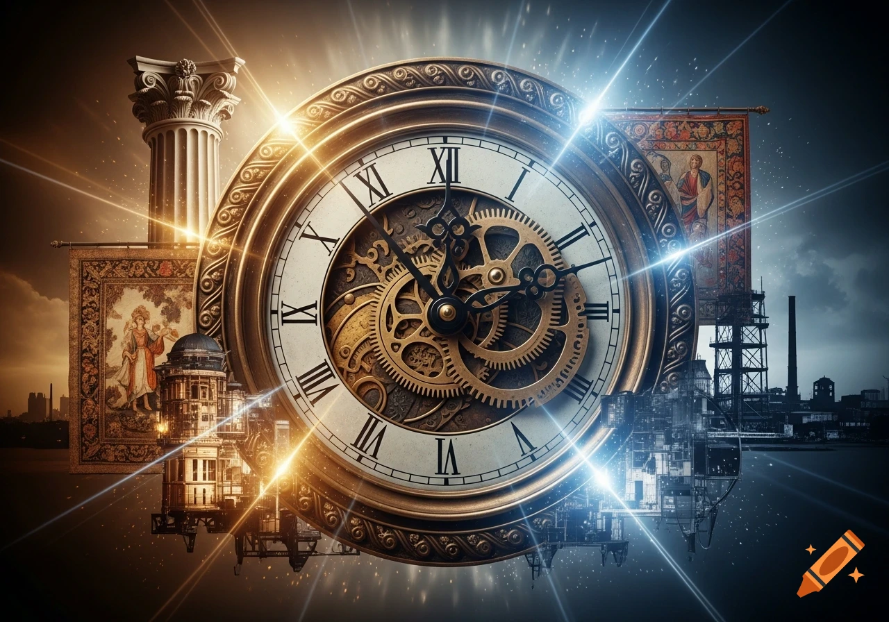 An ornate clock face with visible gears at its center, surrounded by an ancient column, tapestries, and industrial buildings with glowing light rays.