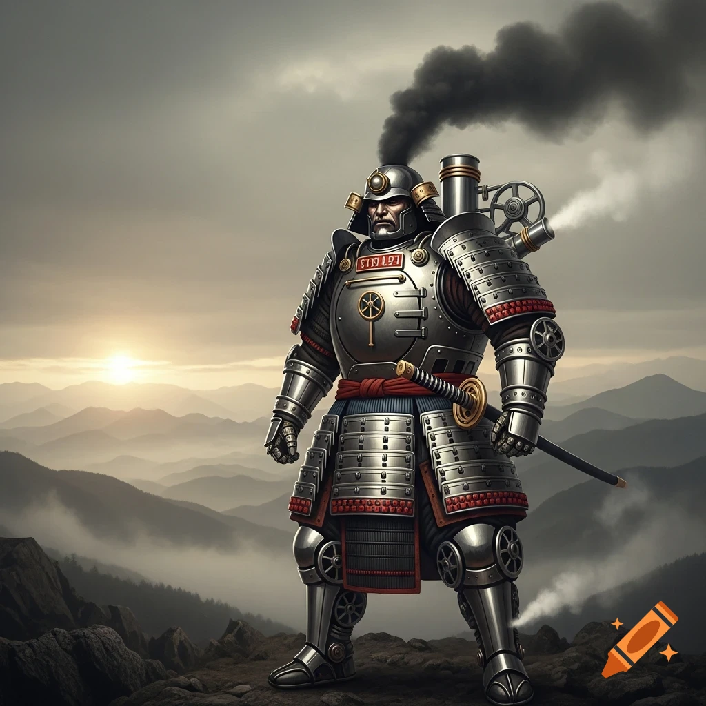 A steampunk samurai in detailed armor with a smoking boiler on his back stands on a rocky mountain at sunset.