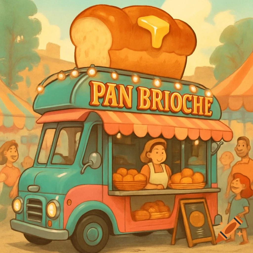 A stylized illustration of a teal and pink food truck with 'PAN BRIOCHE' on its sign, topped with a giant brioche loaf with butter, at a bustling market.