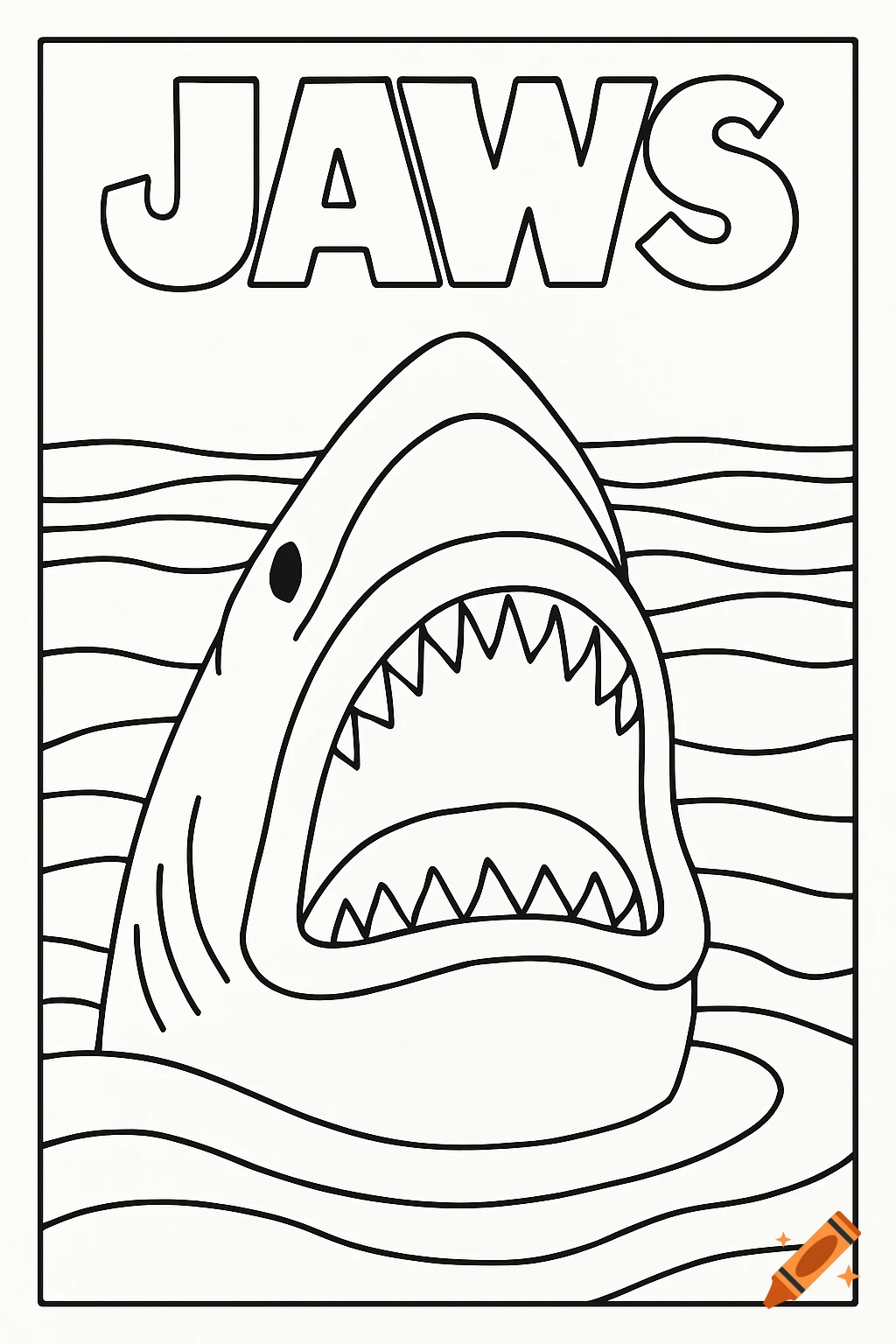 Black and white line art coloring page of a shark with its mouth open emerging from the water, with the word "JAWS" above it.