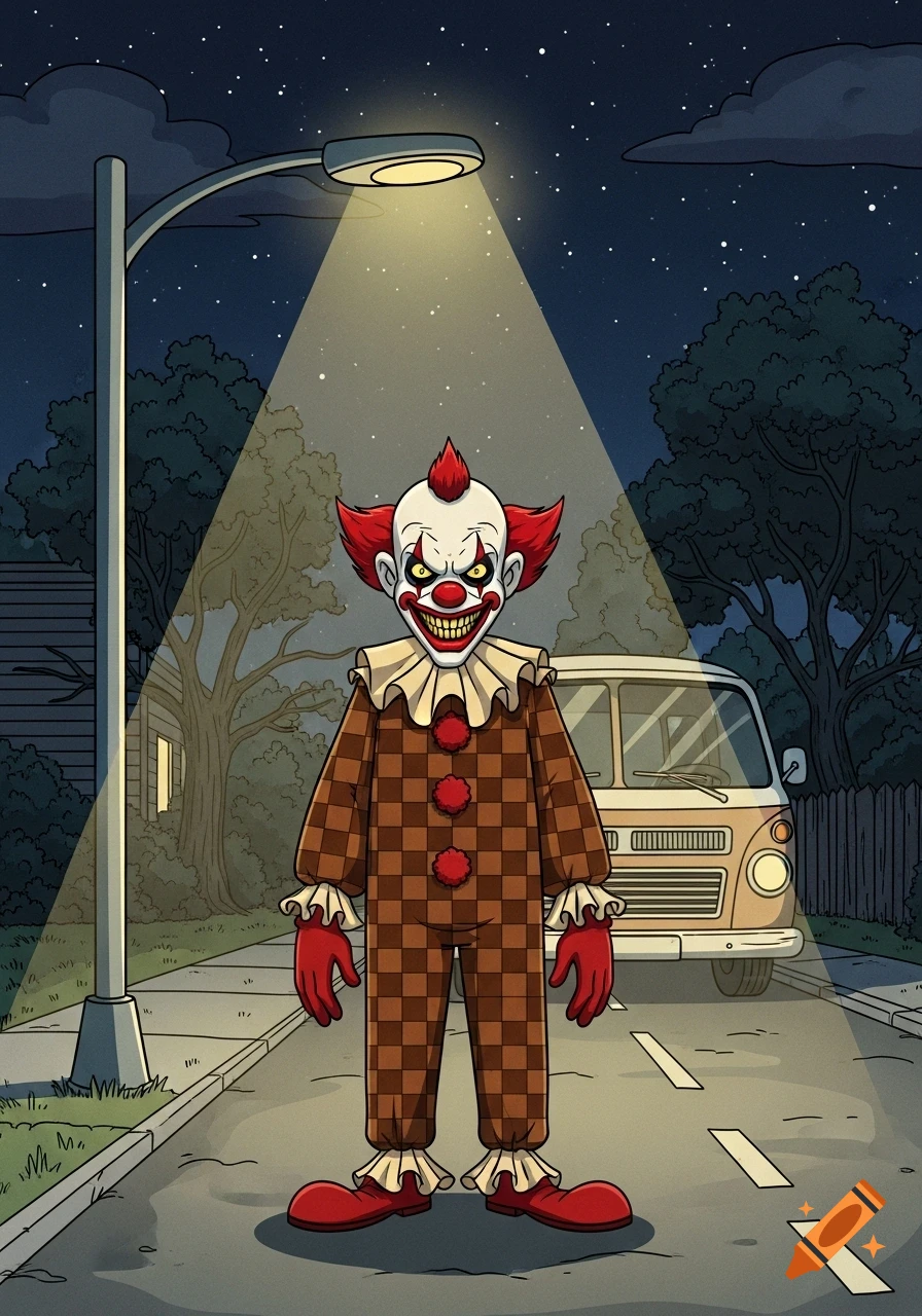 A creepy cartoon clown with red spiked hair and a sinister smile stands under a streetlamp at night, a vintage van behind him.
