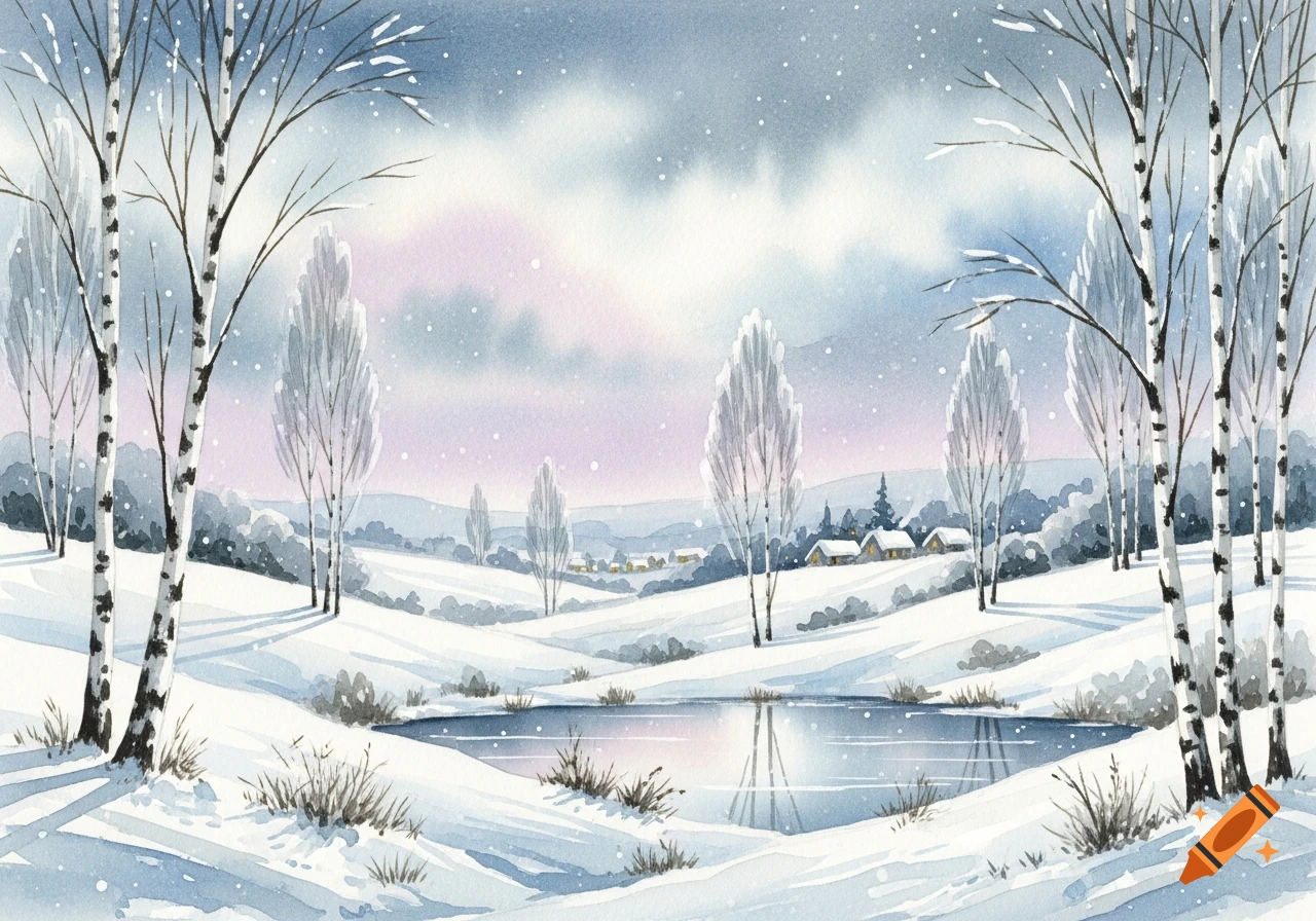 A tranquil watercolor painting of a snowy winter landscape featuring birch trees, a frozen pond, distant cottages, and a pale sky with falling snow.